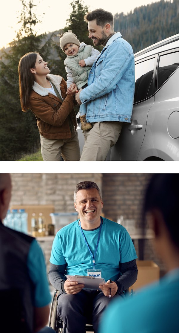 Parents holding their child next to their car in front of a mountain scene